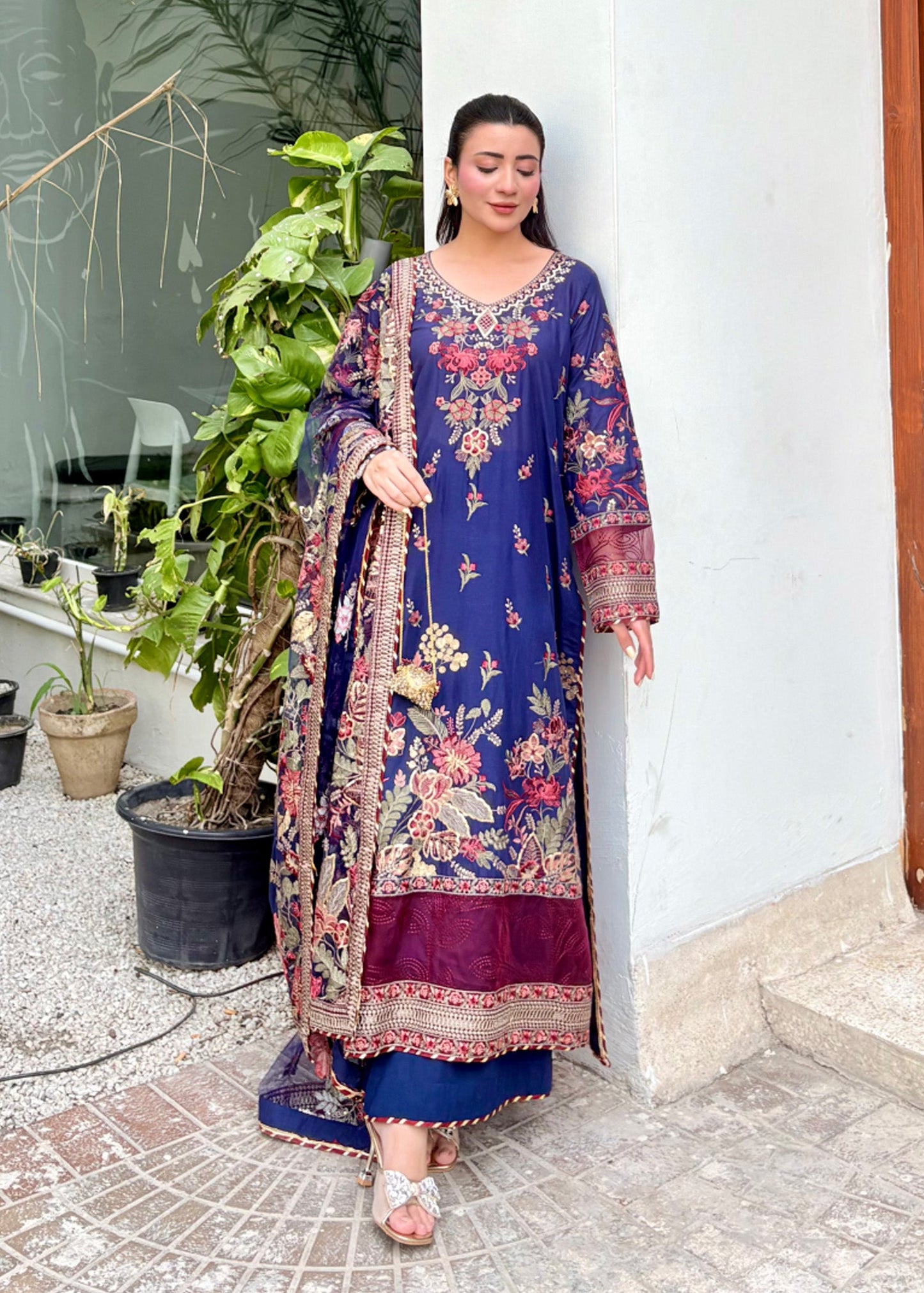 Navy Blue Lawn Embroidered Festive Wear Online in Dubai UAE Abudhabi Ajman Sharjah