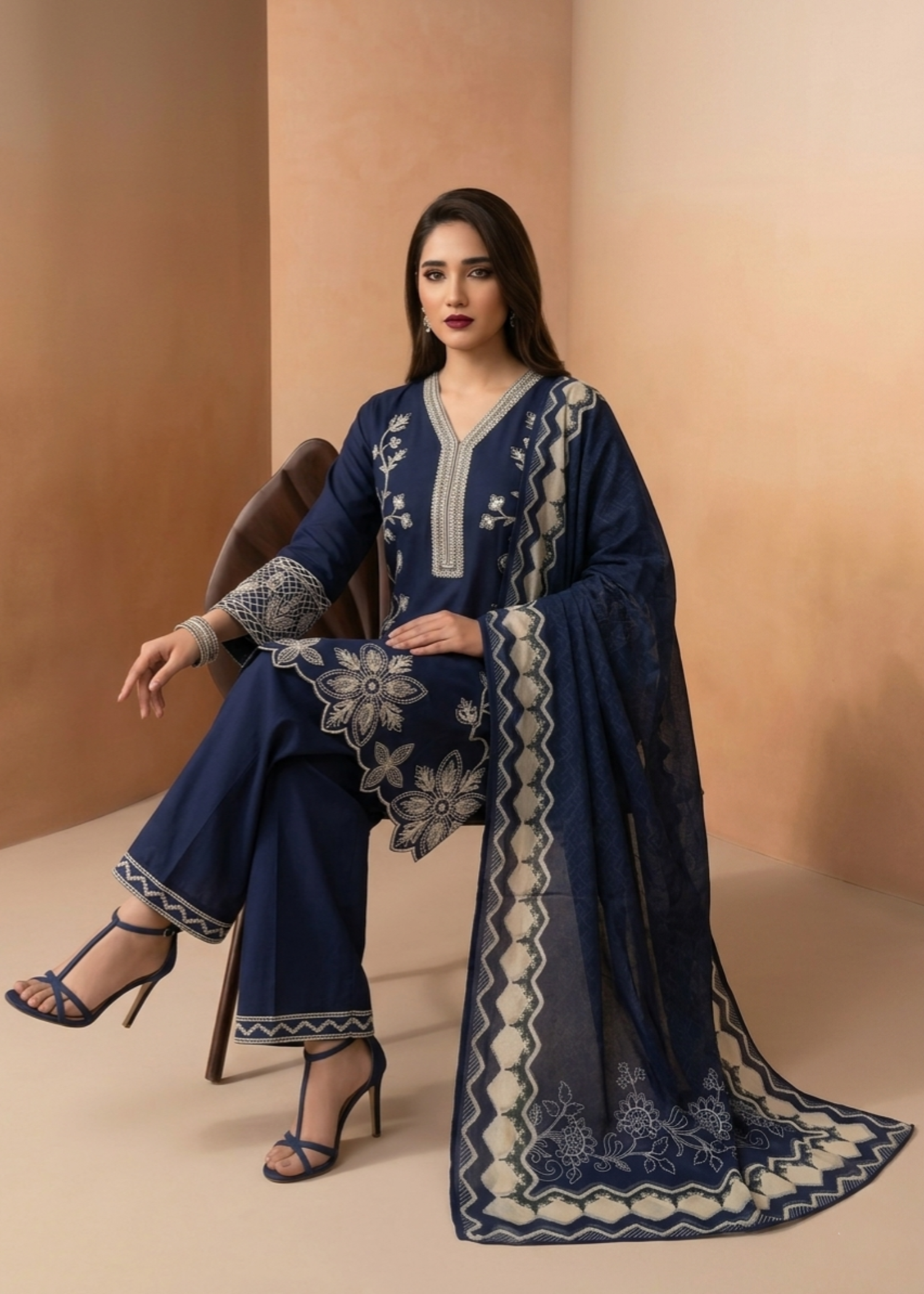 Navy Blue Lawn Embroidered Partywear Suit Online in Sri Lanka India Australia