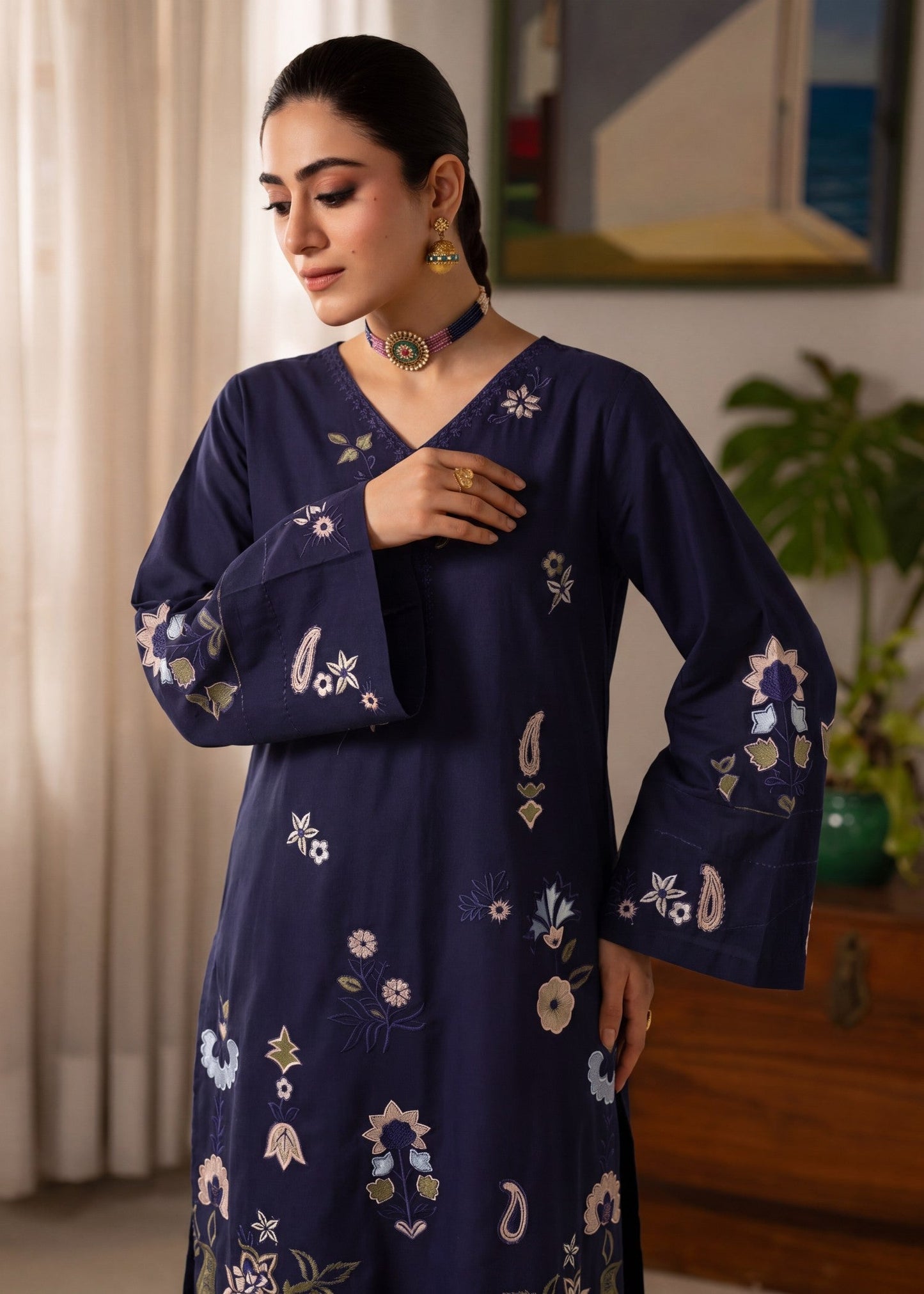 Navy Blue Lawn Embroidered Salwar Kameez Online in Dubai UAE Abudhabi Ajman Sharjah