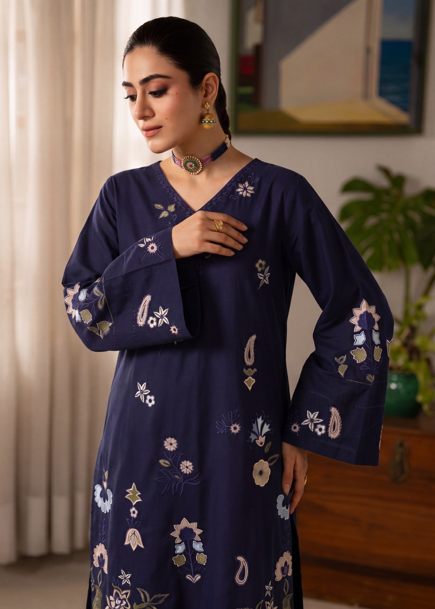 Navy Blue Lawn Embroidered Salwar Kameez Online in Dubai UAE Abudhabi Ajman Sharjah