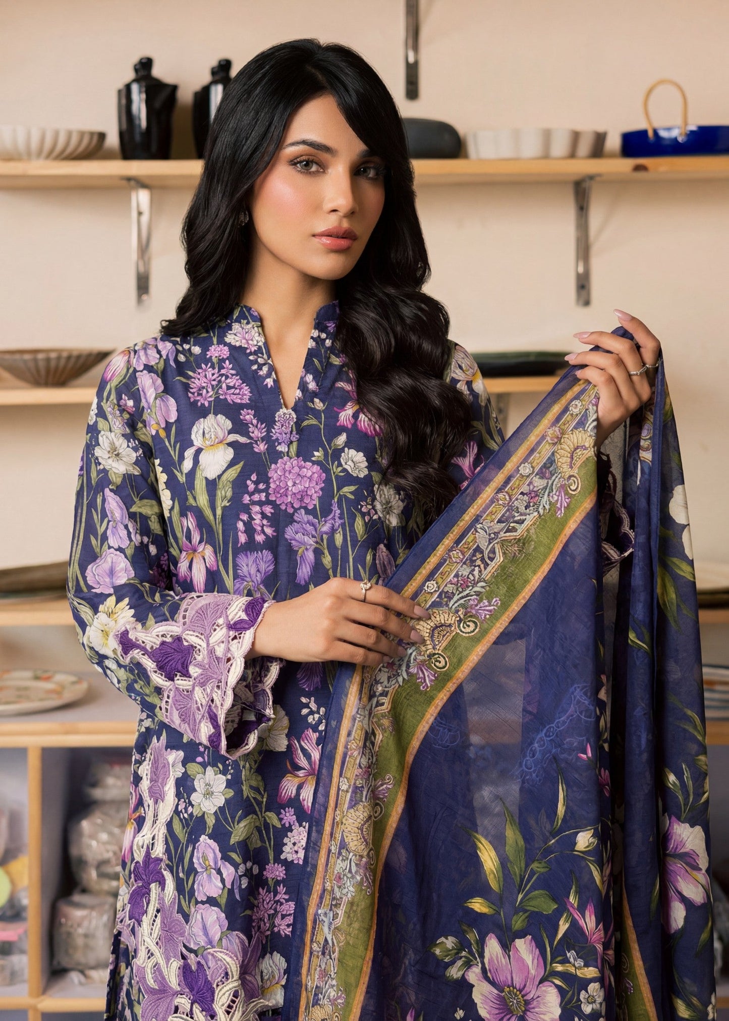 Navy Blue Lawn Embroidered Salwar Suit Online in Dubai UAE Abudhabi Ajman Sharjah