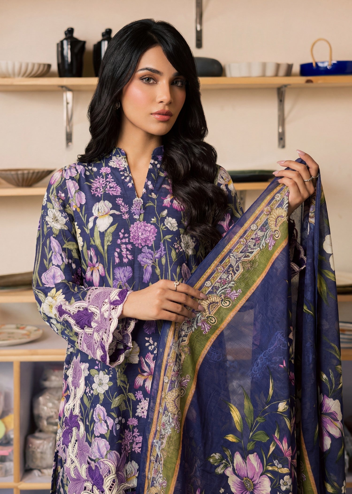Navy Blue Lawn Embroidered Salwar Suit Online in Dubai UAE Abudhabi Ajman Sharjah