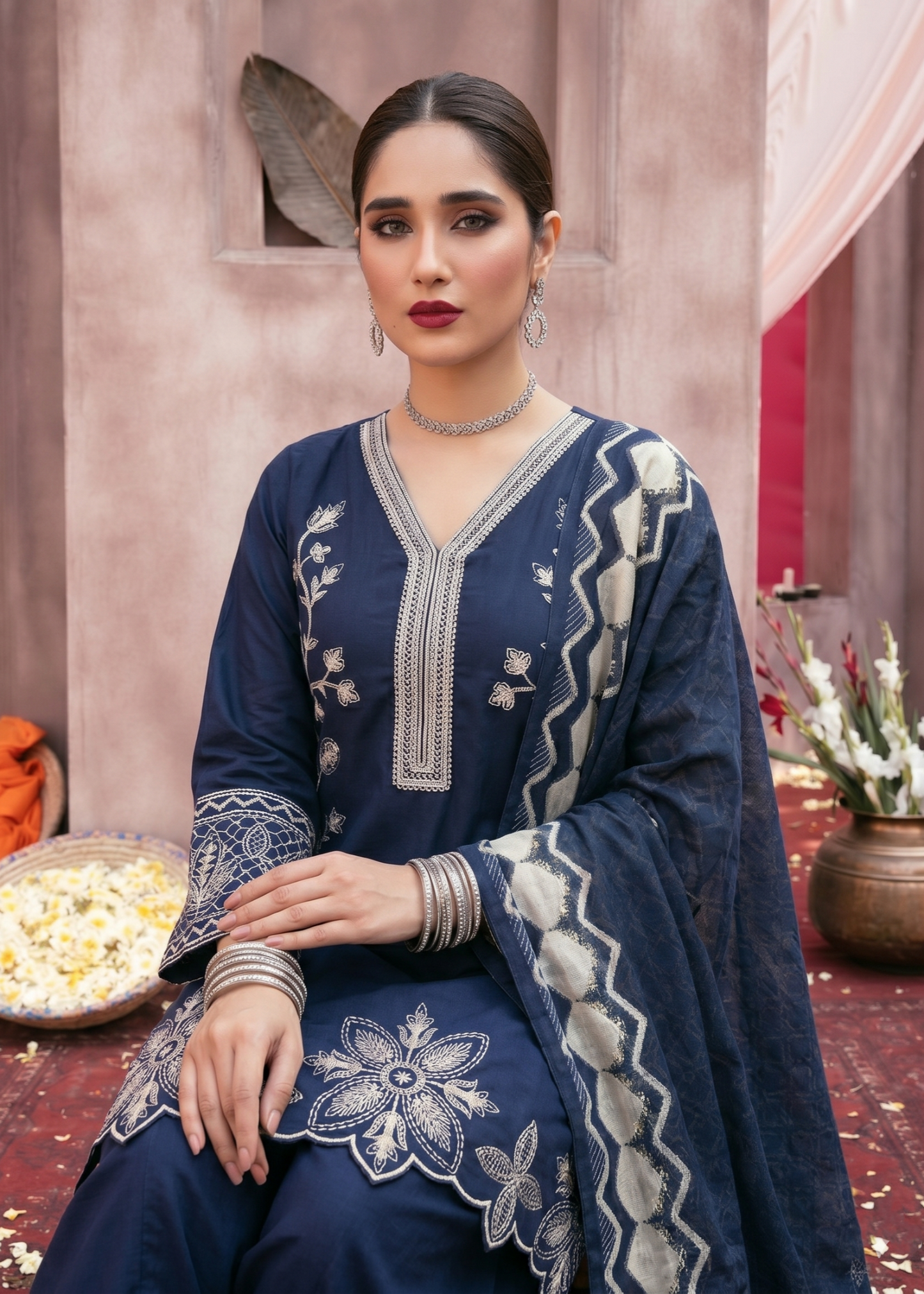 Navy Blue Lawn Embroidered Salwar Suit Online in Dubai UAE Abudhabi Ajman Sharjah