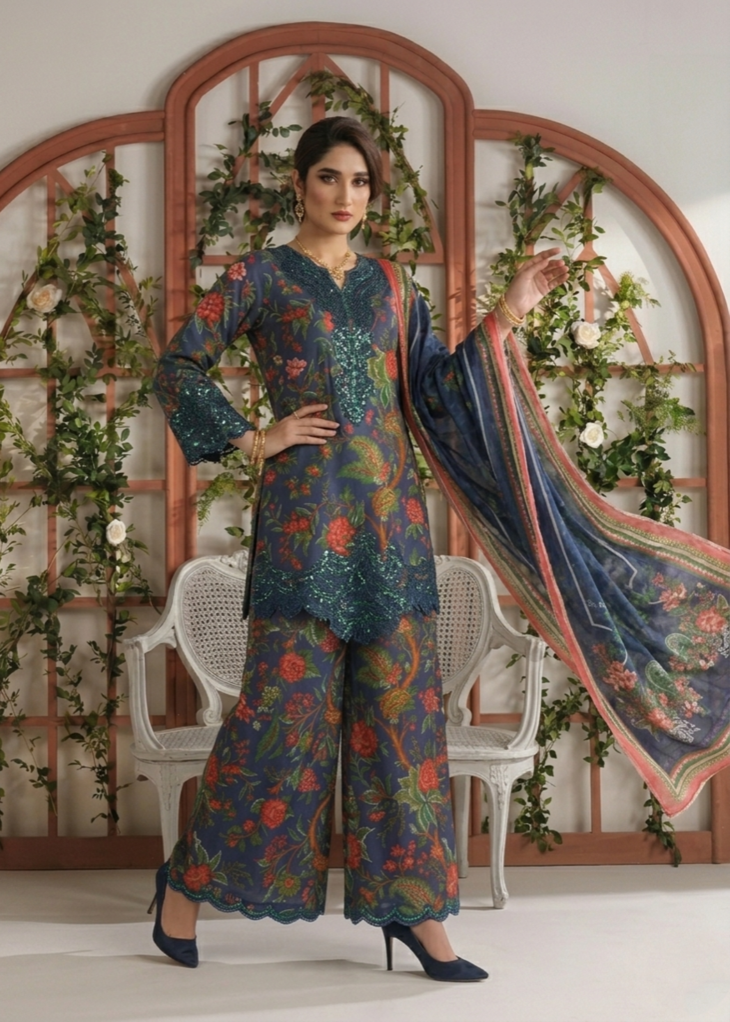 Navy Blue Lawn Festive Wear Sharara Suit Online in Sri Lanka India Australia