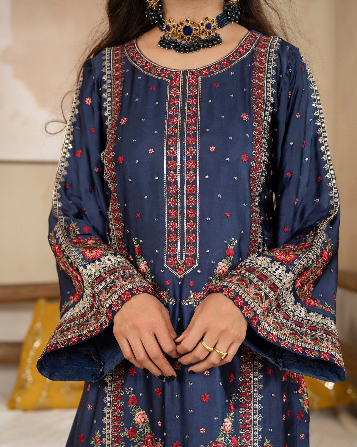 Navy Blue Multi Thread Embroidered Shalwar Kameez Online in UK USA Canada