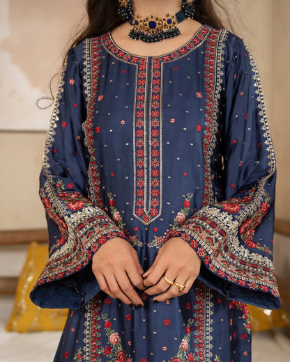 Navy Blue Multi Thread Embroidered Shalwar Kameez Online in UK USA Canada