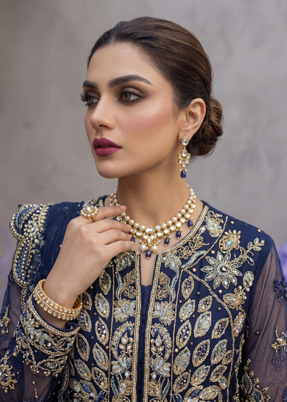 Navy Blue Organza Embroidered 3 Piece Suit Online in Sri Lanka India Australia