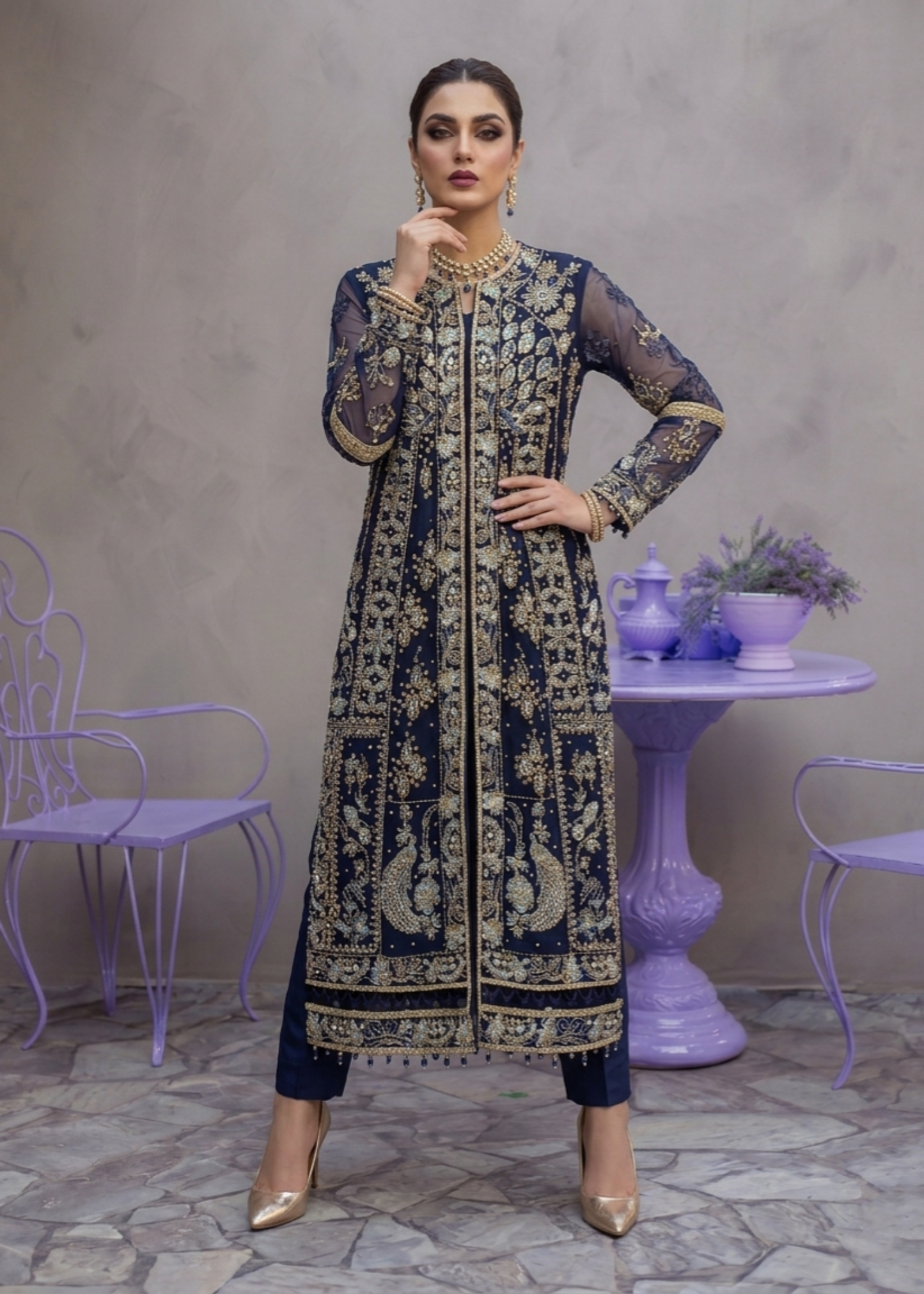 Navy Blue Organza Embroidered Partywear Salwar Suit Online in Sri Lanka India Australia