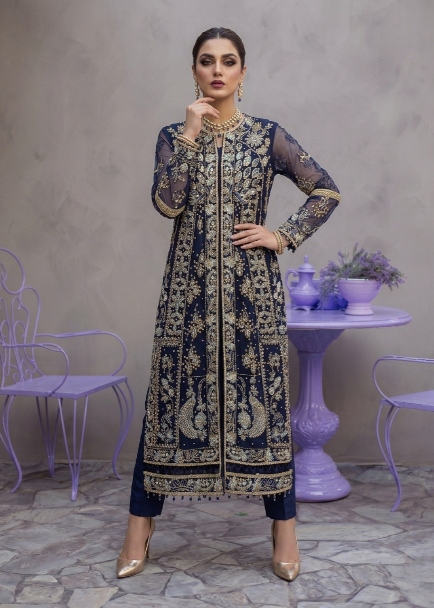 Navy Blue Organza Embroidered Partywear Salwar Suit Online in Sri Lanka India Australia