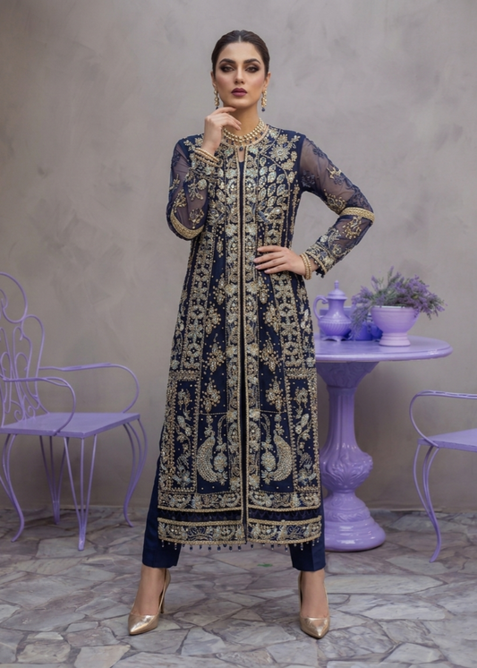 Navy Blue Organza Embroidered Partywear Salwar Suit Online in Sri Lanka India Australia