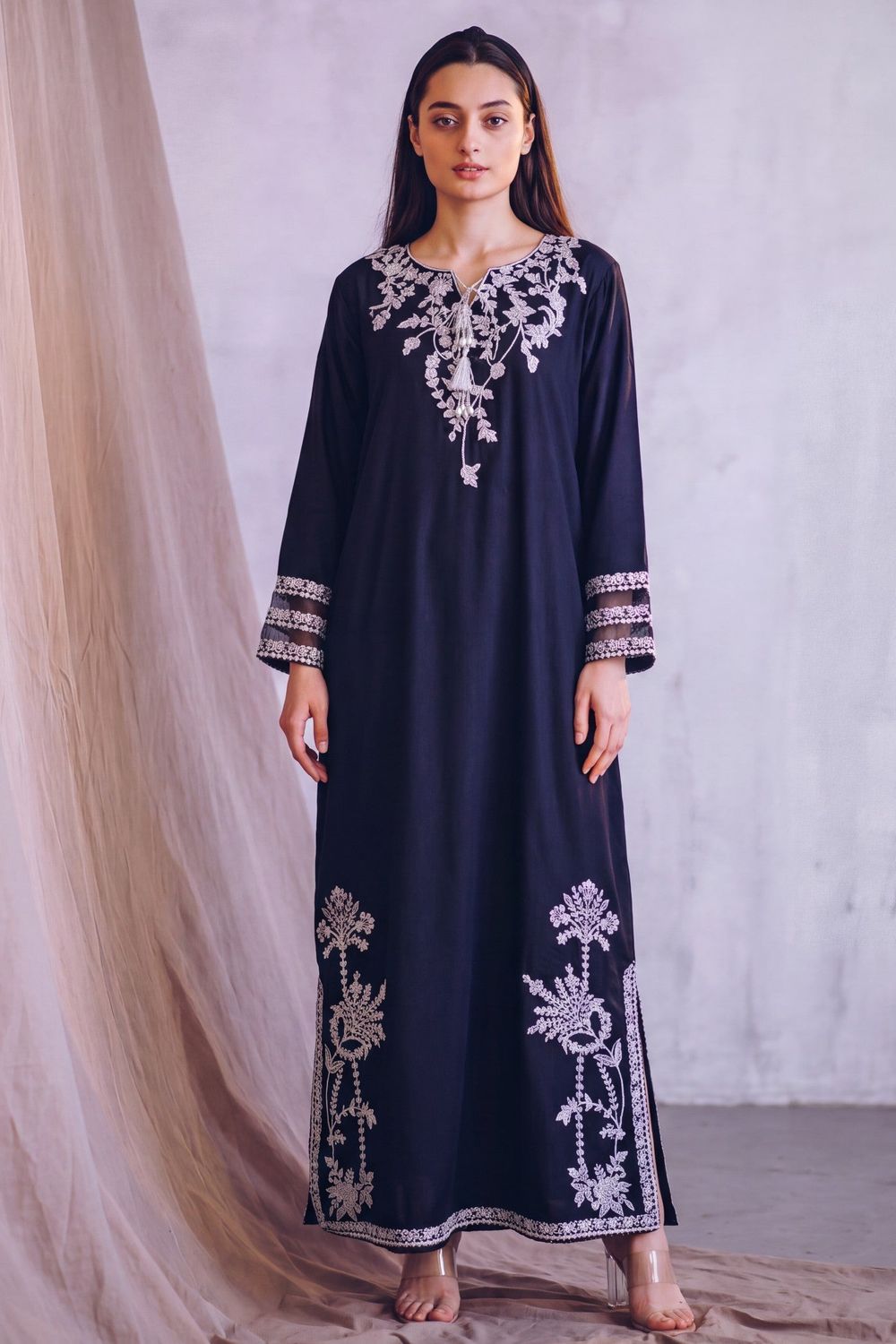 Navy Blue Patchwork Linen Kaftan Online in Dubai UAE Abudhabi Ajman Sharjah