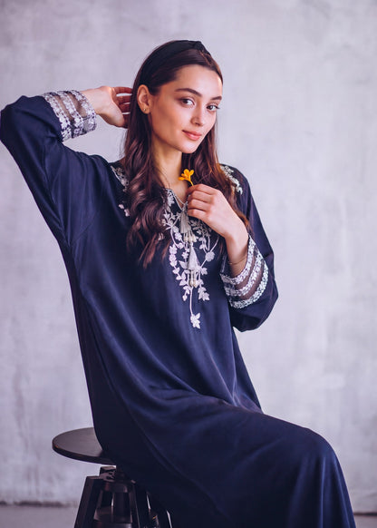 Navy Blue Patchwork Linen Kaftan Online in Dubai UAE Abudhabi Ajman Sharjah