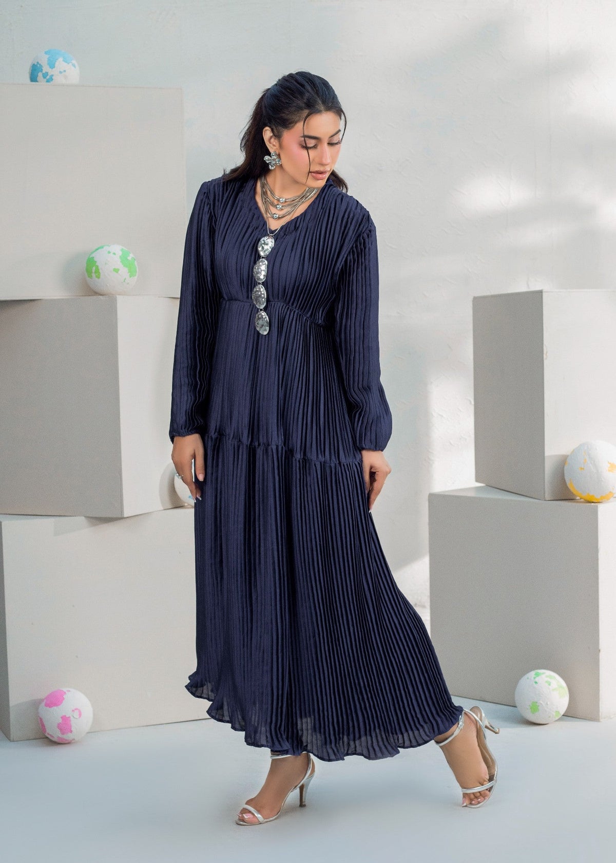 Navy Blue Pleated Shamooz Silk Western Outfit Online in UK USA Canada
