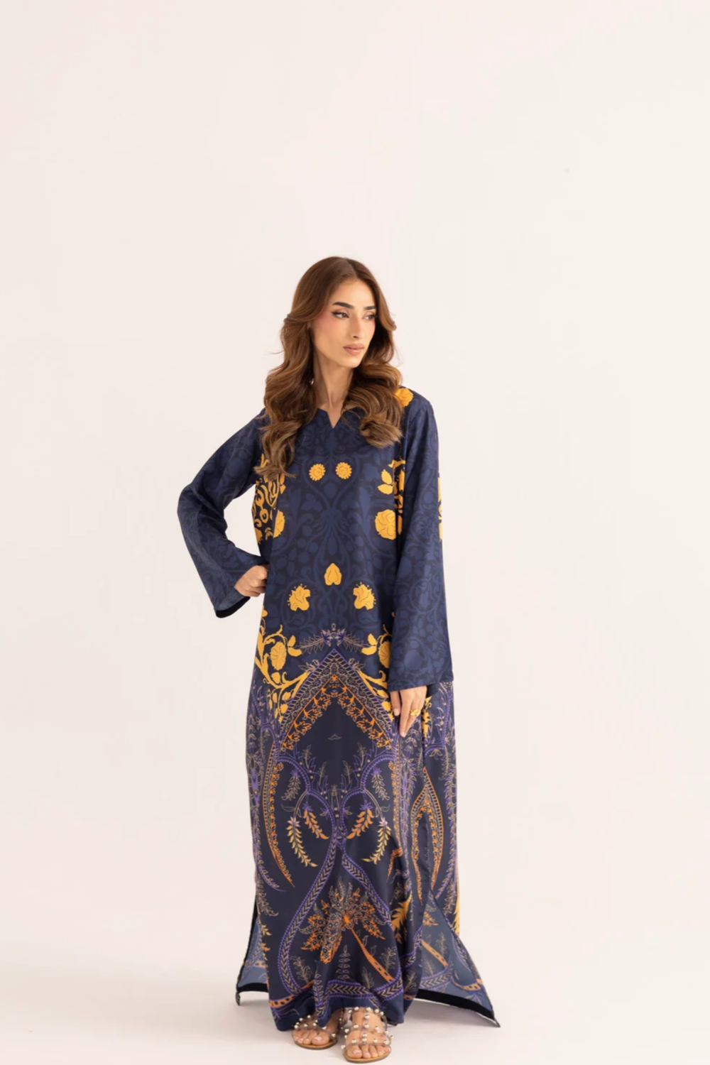 Navy Blue Printed Silk Lawn Kaftan Online in Dubai UAE Abudhabi Ajman Sharjah