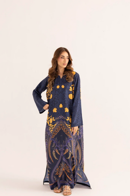 Navy Blue Printed Silk Lawn Kaftan Online in Dubai UAE Abudhabi Ajman Sharjah