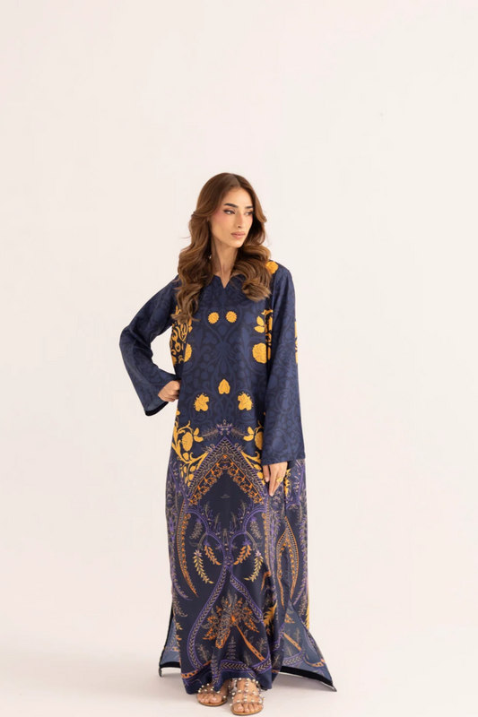 Navy Blue Printed Silk Lawn Kaftan Online in Dubai UAE Abudhabi Ajman Sharjah