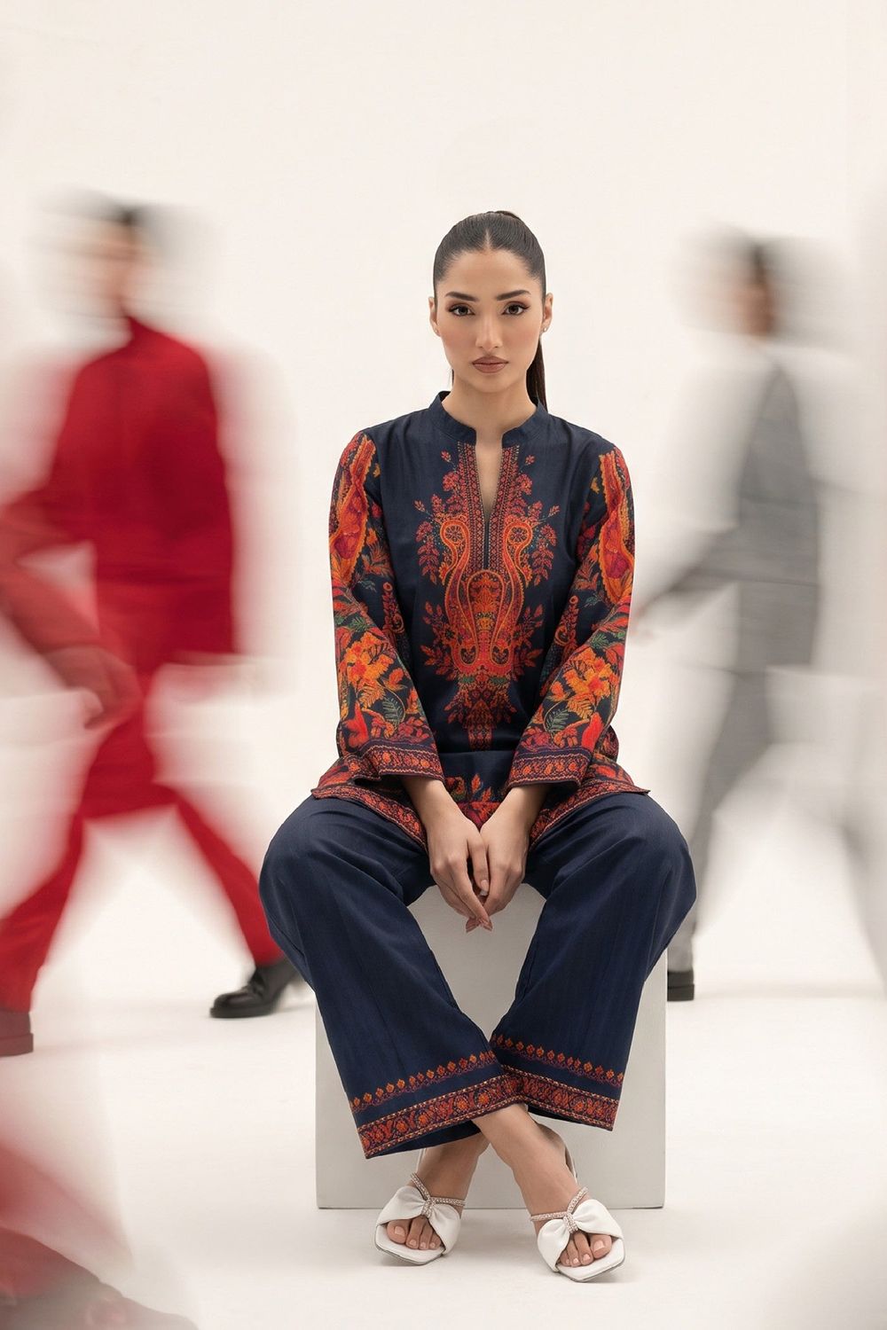 Navy Blue Printed Slub Lawn Kurta Set Online in Dubai UAE Abudhabi Ajman Sharjah