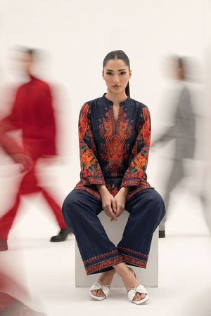 Navy Blue Printed Slub Lawn Kurta Set Online in Dubai UAE Abudhabi Ajman Sharjah