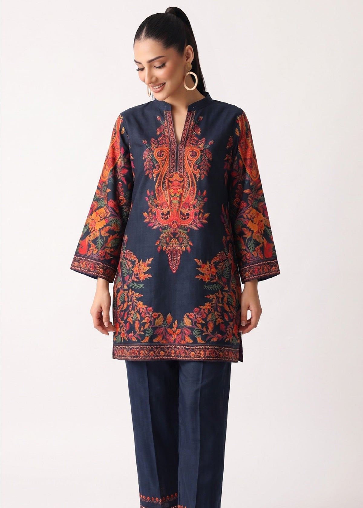 Navy Blue Printed Slub Lawn Kurta Set Online in UK USA Canada