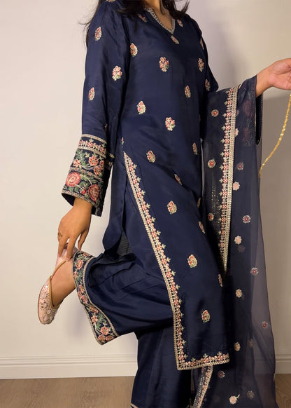 Navy Blue Raw Silk Embroidered Designer Salwar Suit Online in Sri Lanka India Australia