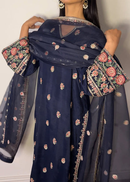 Navy Blue Raw Silk Embroidered Pakistani Suit Online in KSA Riyadh Saudi Arabia Oman Bahrain Qatar
