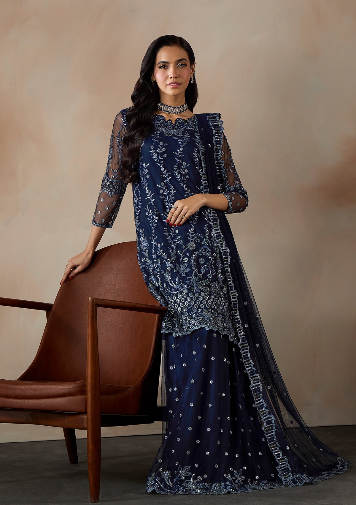 Navy Blue Raw Silk Trouser Embroidered Net Pakistani Suit Online in Dubai DXB UAE Abudhabi Meena Bazaar