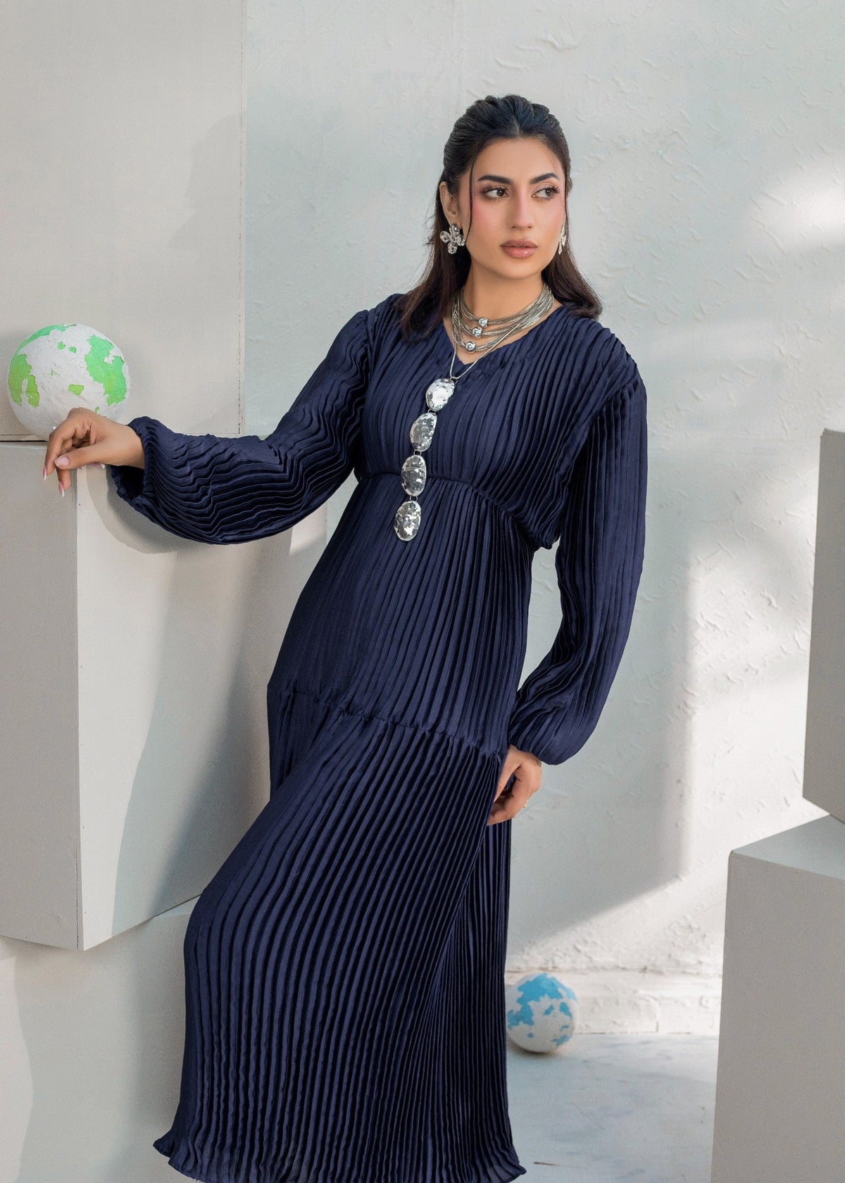 Navy Blue Shamooz Silk Dress Online in Dubai UAE Abudhabi Ajman Sharjah