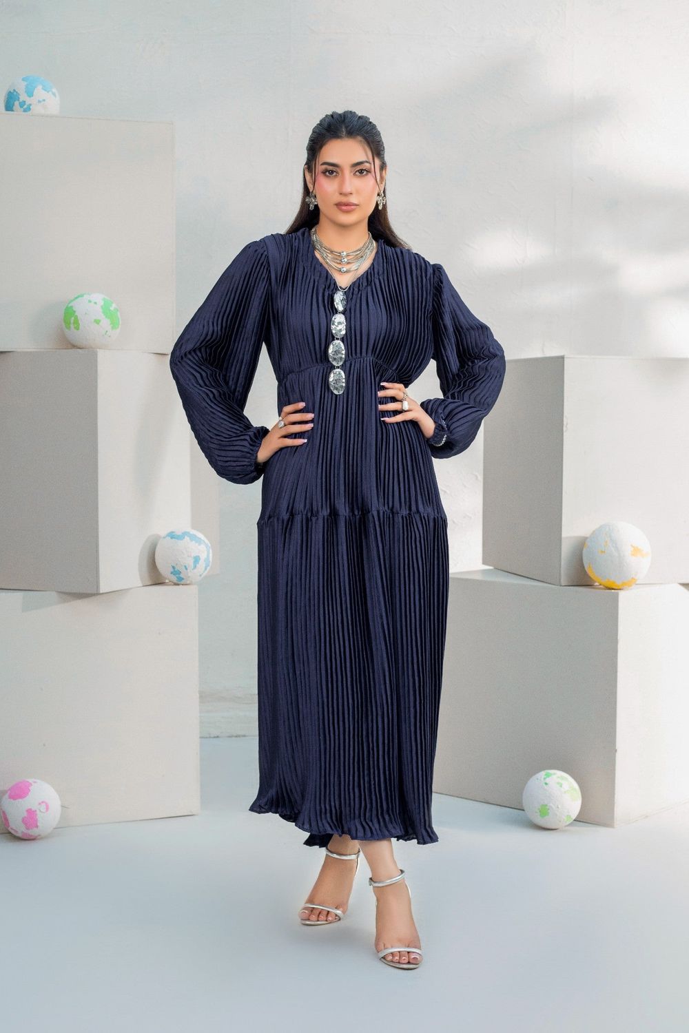 Navy Blue Shamooz Silk Pleated Dress Online in Dubai UAE Abudhabi Ajman Sharjah