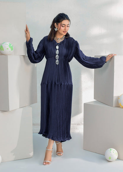 Navy Blue Shamooz Silk Pleated Suit Online in Dubai DXB UAE Abudhabi Meena Bazaar