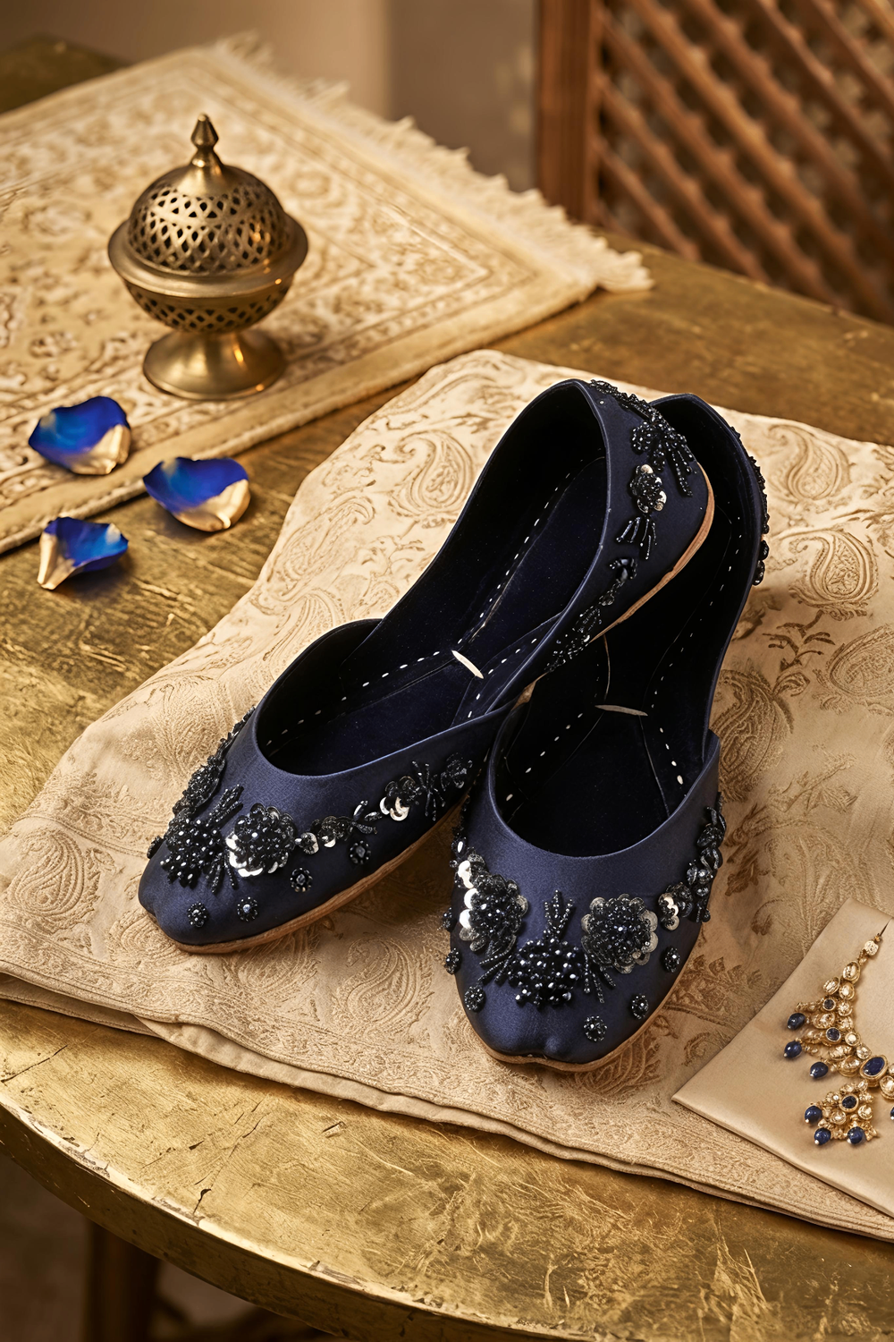Navy Blue Silk Khussa Ladies Ethnic Shoes Online in Dubai UAE Abudhabi Ajman Sharjah
