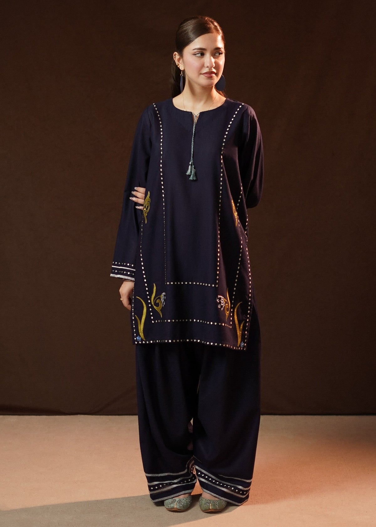 Navy Blue Slub Khaddar Kurta Set for Daily Wear Online in Sri Lanka India Australia
