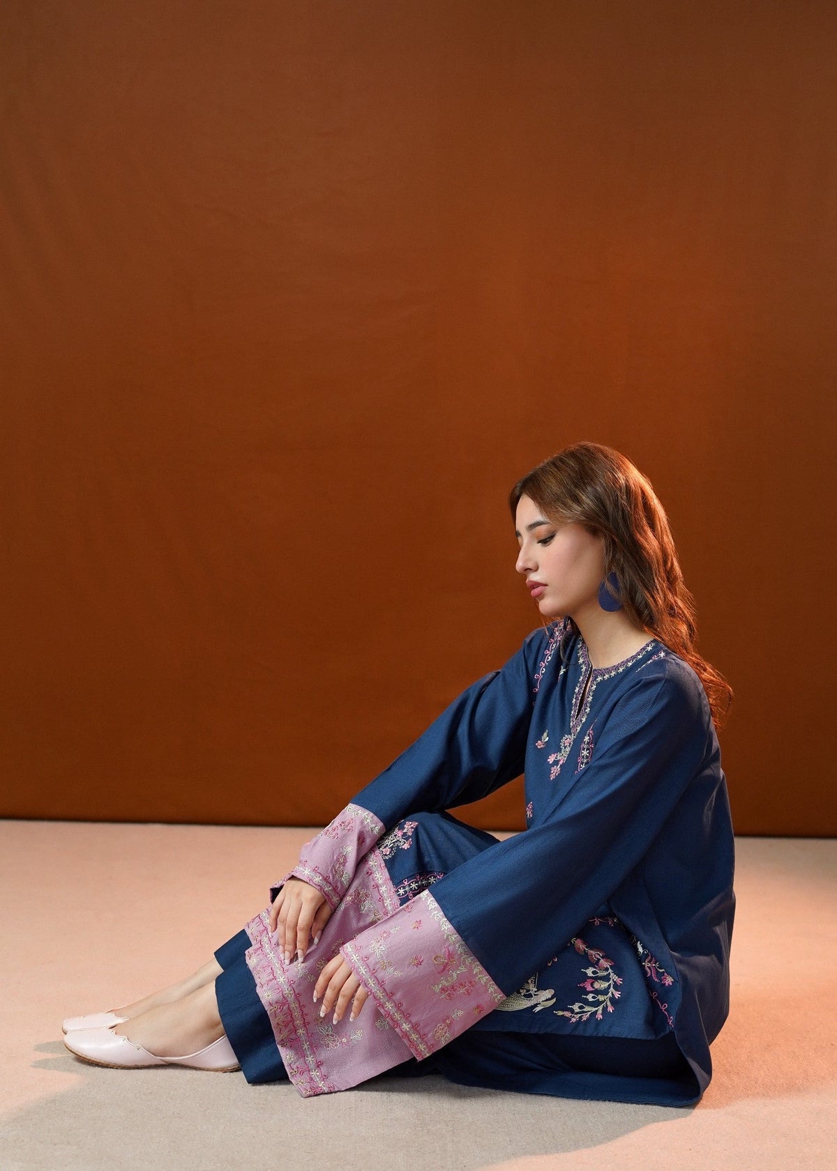 Navy Blue Slub Khaddar Kurta Set Online in Dubai DXB UAE Abudhabi Meena Bazaar