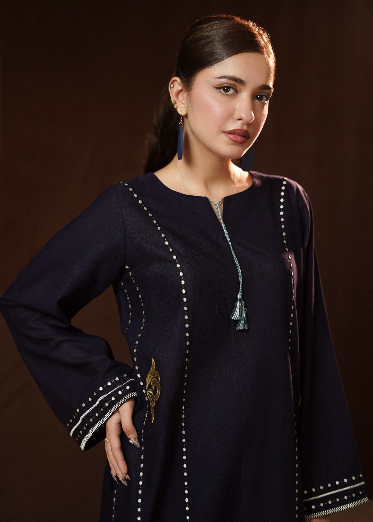 Navy Blue Slub Khaddar Kurta Set with Gold Detailing Online in Dubai UAE Abudhabi Ajman Sharjah