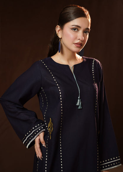 Navy Blue Slub Khaddar Kurta Set with Gold Detailing Online in Dubai UAE Abudhabi Ajman Sharjah