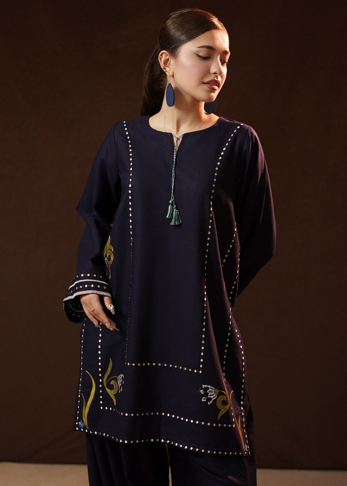 Navy Blue Slub Khaddar Kurta Set with Tassel Tie Online in UK USA Canada