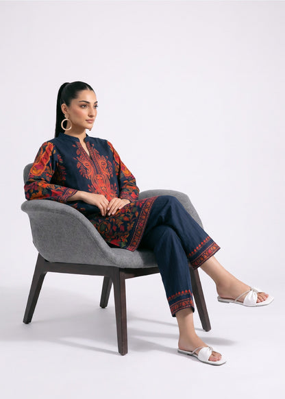 Navy Blue Slub Lawn Printed Kurta Set Online in KSA Riyadh Saudi Arabia Oman Bahrain Qatar