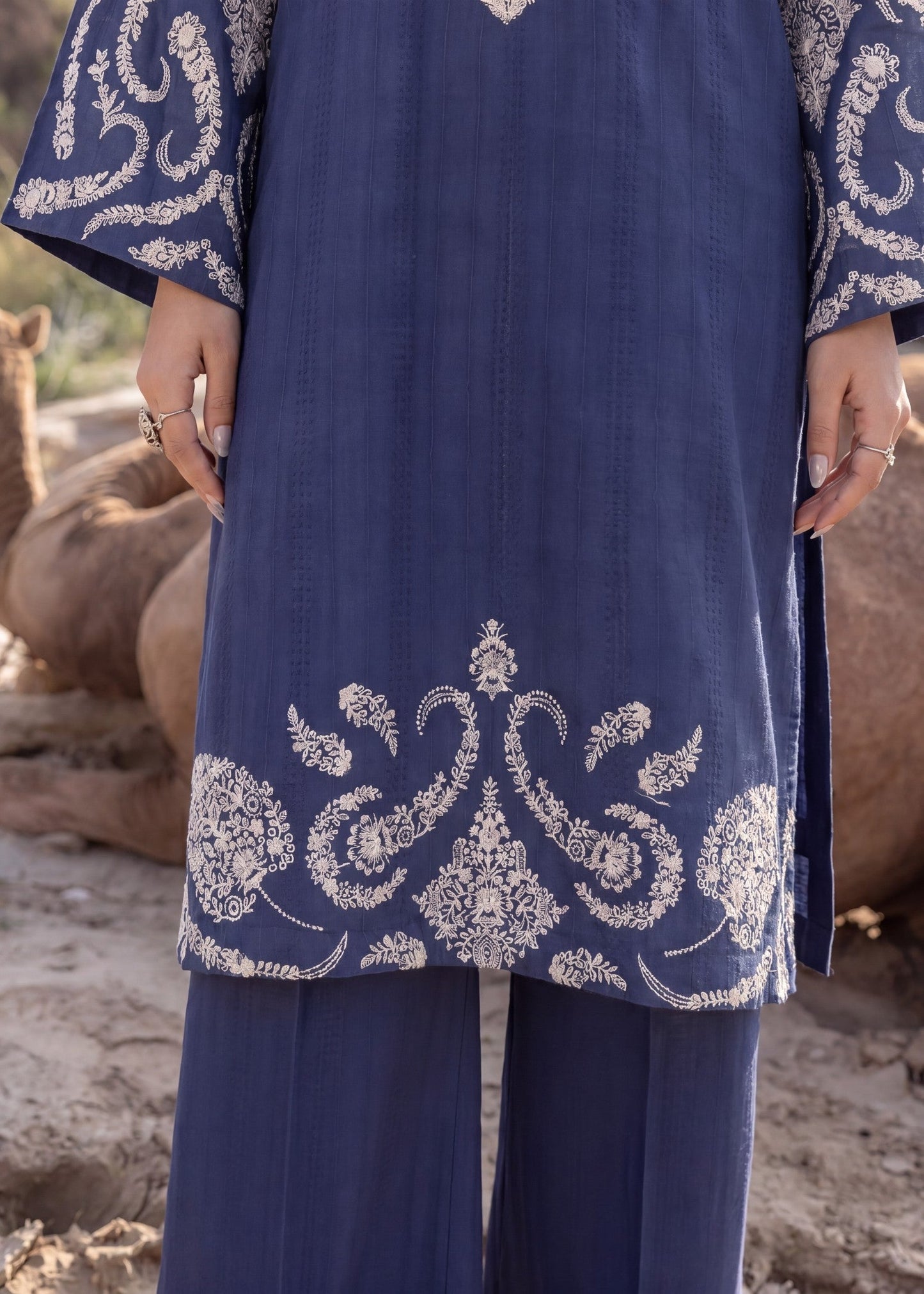 Navy Blue Textured Lawn Embroidered Suit Online in Sri Lanka India Australia