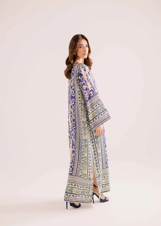Navy Blue White Raw Silk Kaftan Dress Online in KSA Riyadh Saudi Arabia Oman Bahrain Qatar