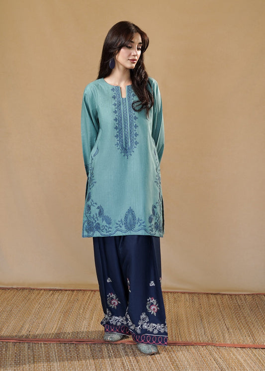 Navy Slub Khaddar with Floral Embroidery Online in Sri Lanka India Australia