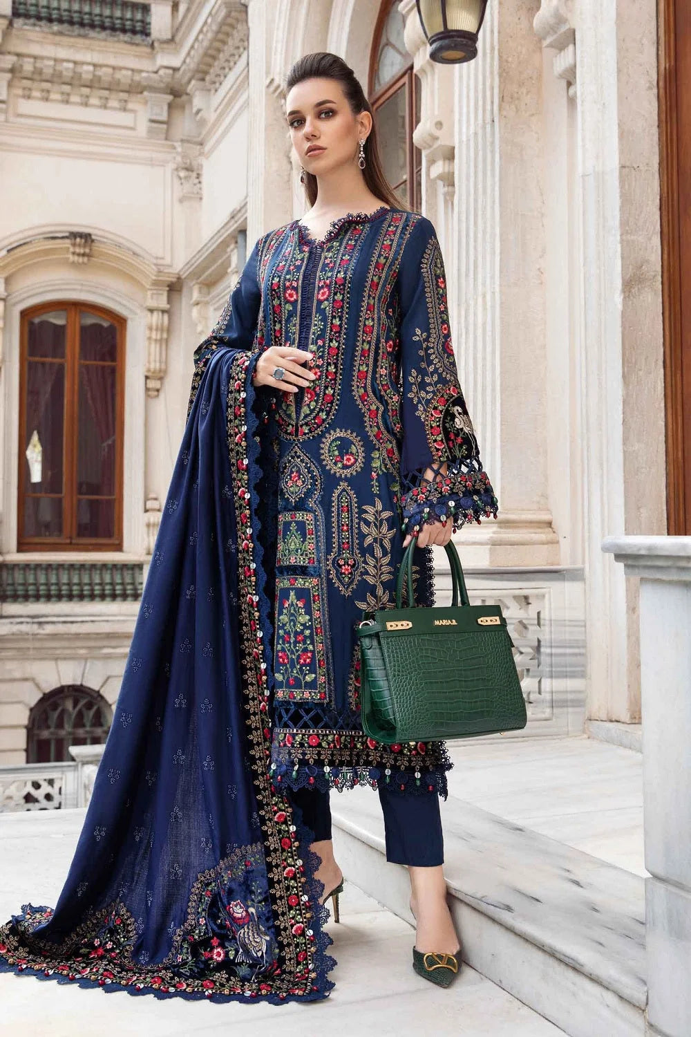 Navy Blue Heavy Embroidered Lawn Suit with Heavy Embroidered Chiffon Dupatta