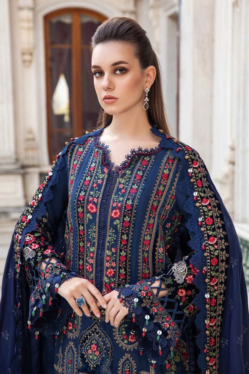 Navy Blue Heavy Embroidered Lawn Suit with Heavy Embroidered Chiffon Dupatta