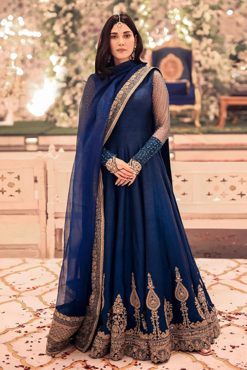 Navy Blue Chiffon Hand Embellished Anarkali