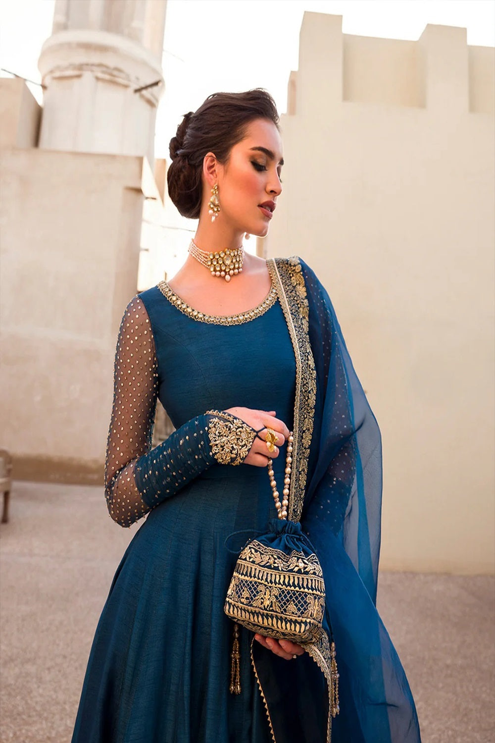 Navy Blue Chiffon Hand Embellished Anarkali