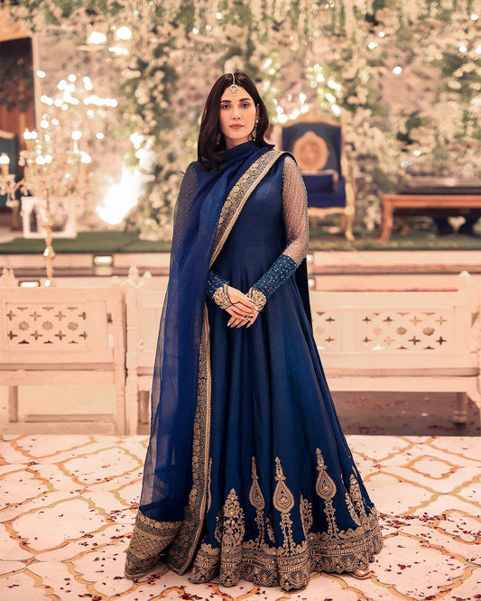 Handmade Navy Blue Lava Silk Lehenga Choli / Anarkali Maxi