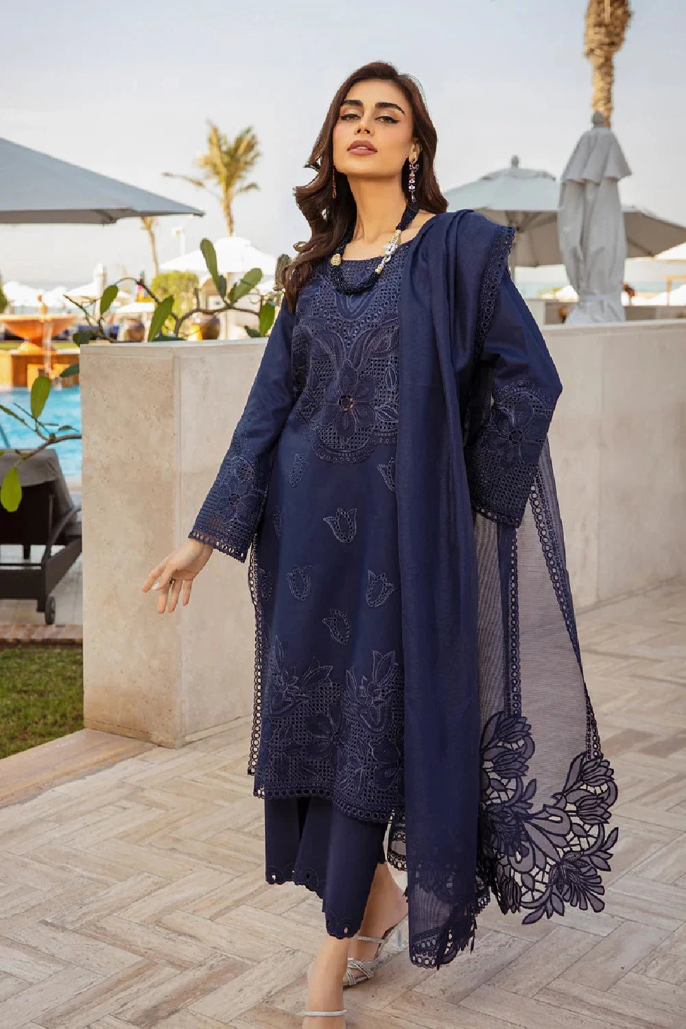 Navy Blue Heavy Embroidered Chikankari Lawn Suit