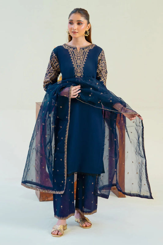 Navy Blue Sequins Embroidered Cotton Kurta Set with Dupatta