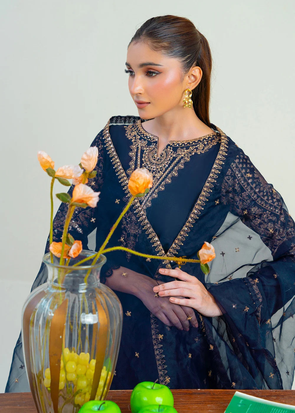 Navy Blue Sequins Embroidered Cotton Kurta Set with Dupatta