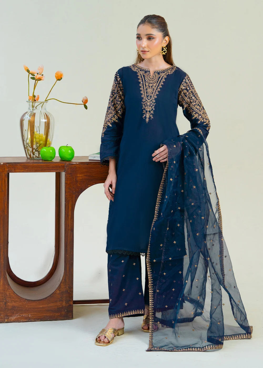 Navy Blue Sequins Embroidered Cotton Kurta Set with Dupatta