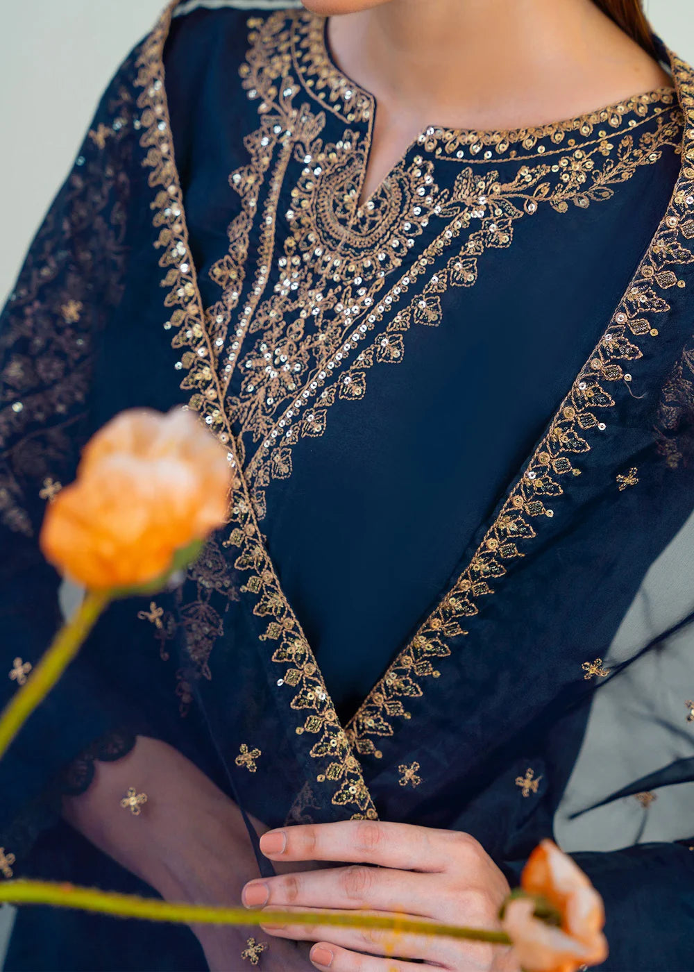 Navy Blue Sequins Embroidered Cotton Kurta Set with Dupatta