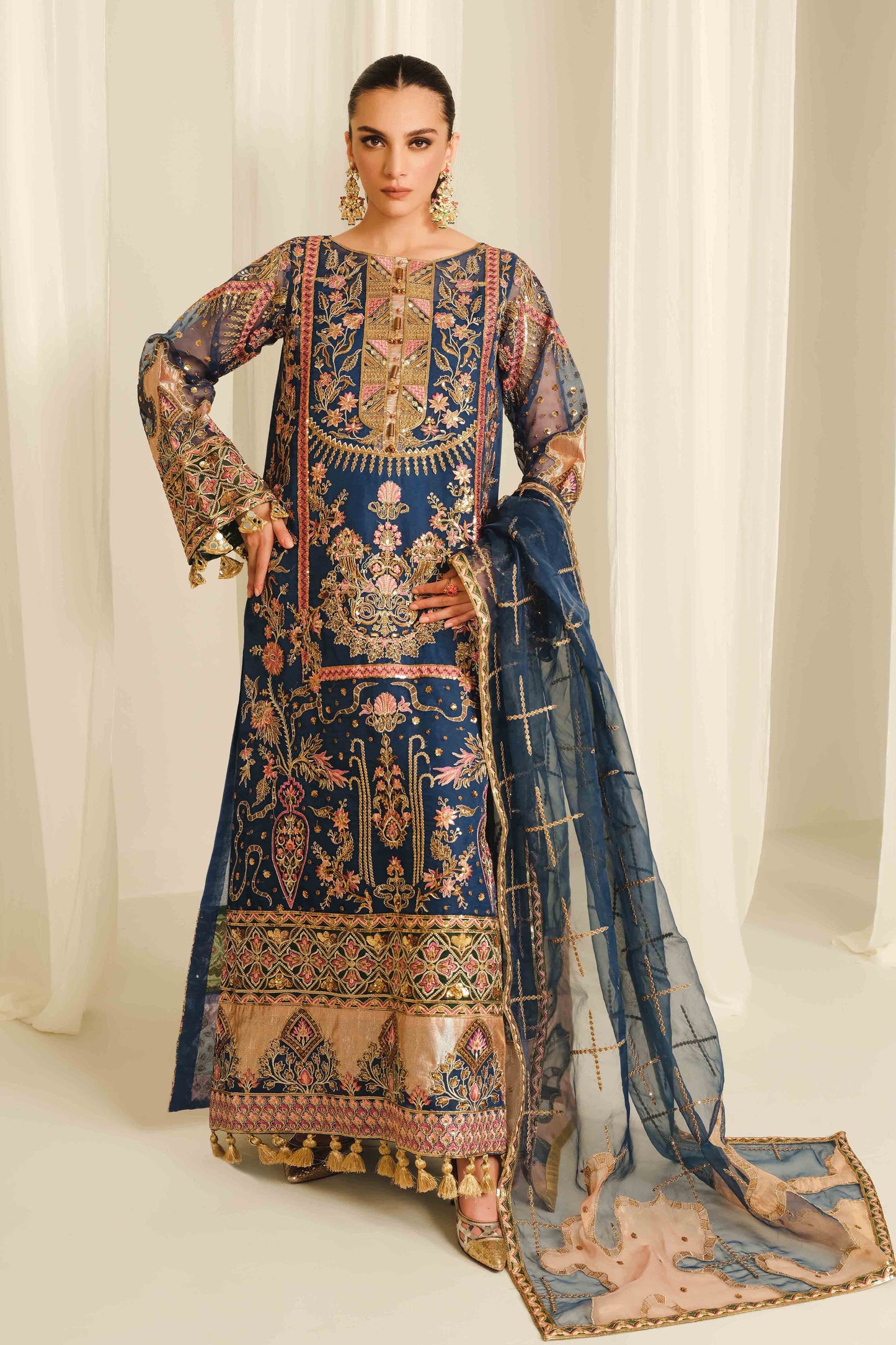 Navy Blue Embroidered Organza Suit